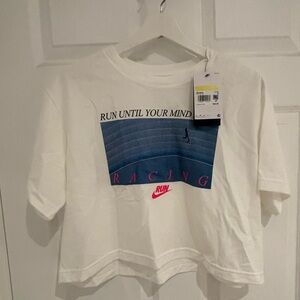 Nike White and Blue Graphic Crop Tee